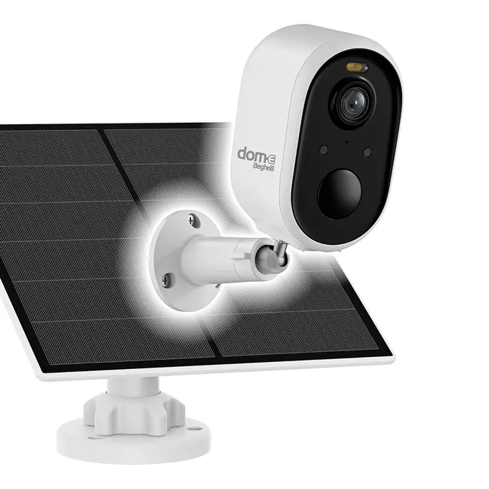 Rechargeable battery-powered camera plus solar panel.