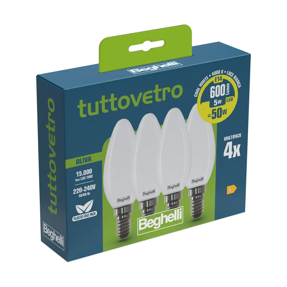 Beghelli Lampada LED Vetro Opale Oliva 5W E14 – Luce Calda 4000K, 15000 Ore Di Durata