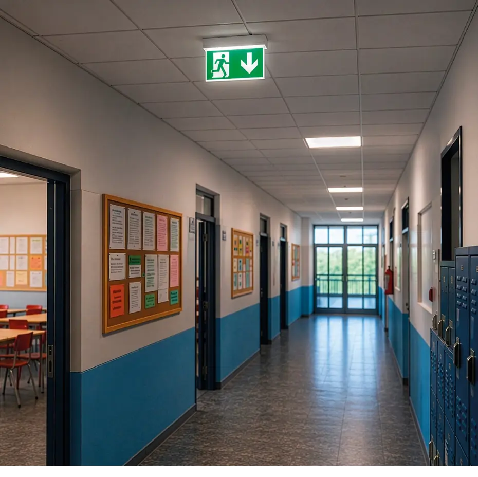Corridoio scolastico illuminato con Exit Pro Combo