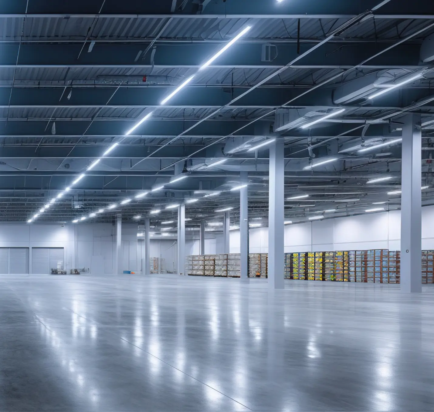Capannone industriale illuminato da plafoniere LED