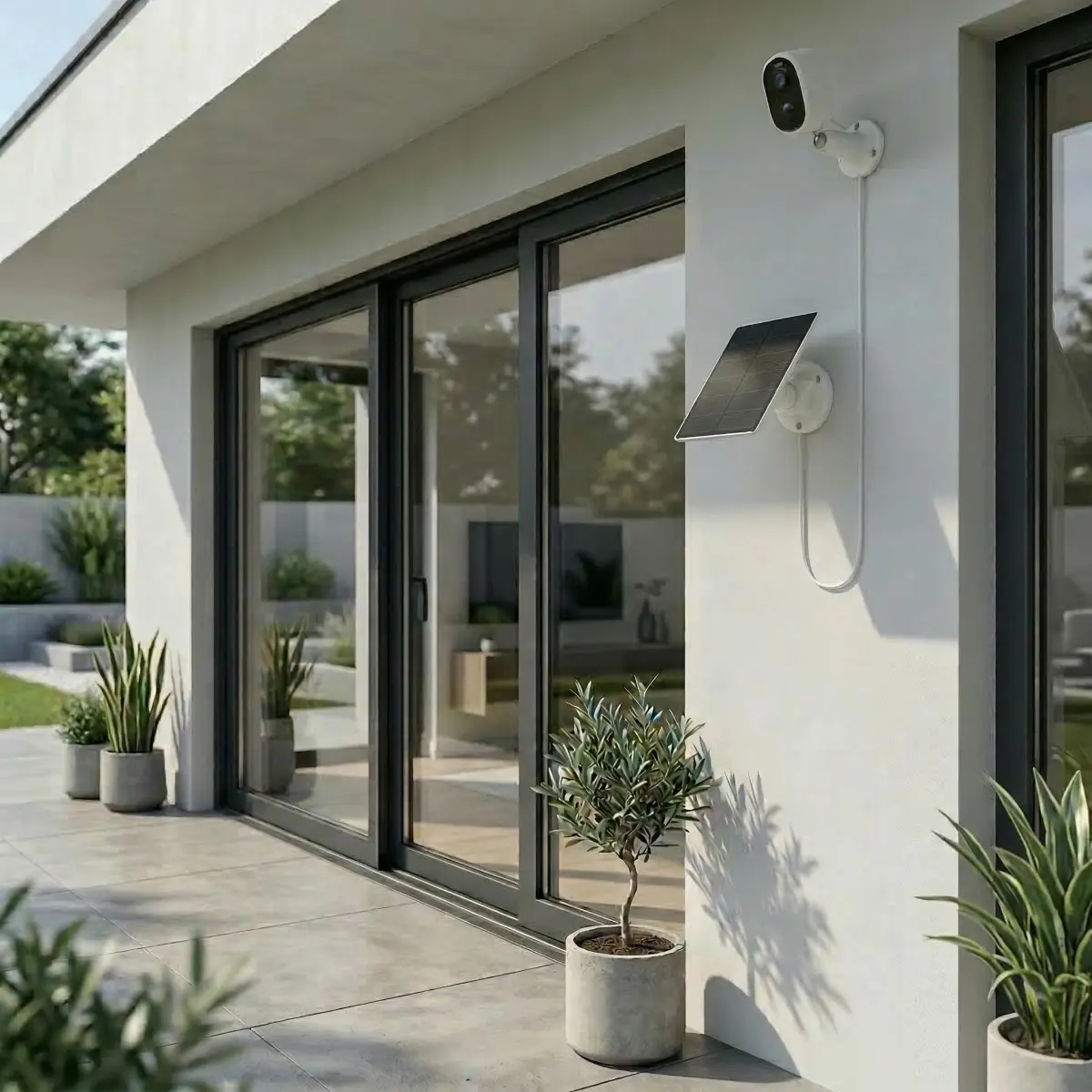 Telecamera e pannello solari montati sul muro esterno di un'abitazione con giardino
