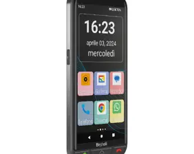 Smartphone Android con tasto di chiamata rapida di soccorso, GPS per la localizzazione e sensore di caduta.