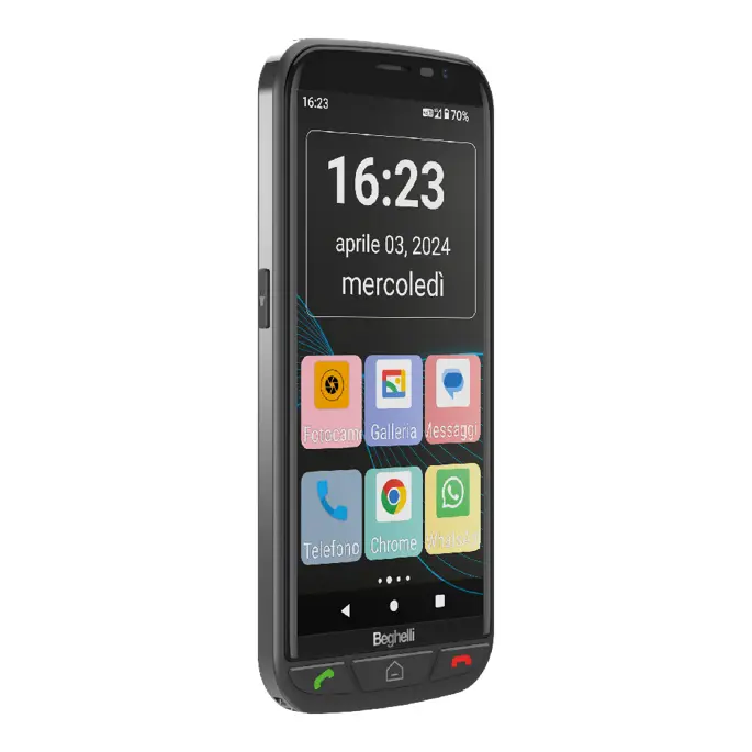 Smartphone Android con tasto di chiamata rapida di soccorso, GPS per la localizzazione e sensore di caduta.
