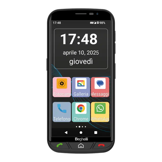 Smartphone Android con tasto di chiamata rapida di soccorso, GPS per la localizzazione e sensore di caduta.