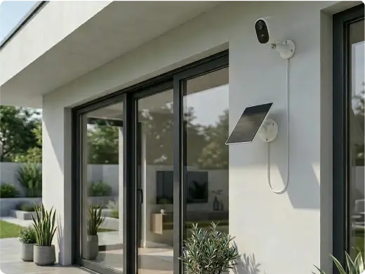 esterno di una casa con giardino, telecamera e pannello solare