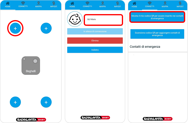 Schermate dell'app Salvalvita Baby in cui è possibile vedere come aggiungere un cuscino antiabbandono ed essere inseriti tra i contatti di emergenza
